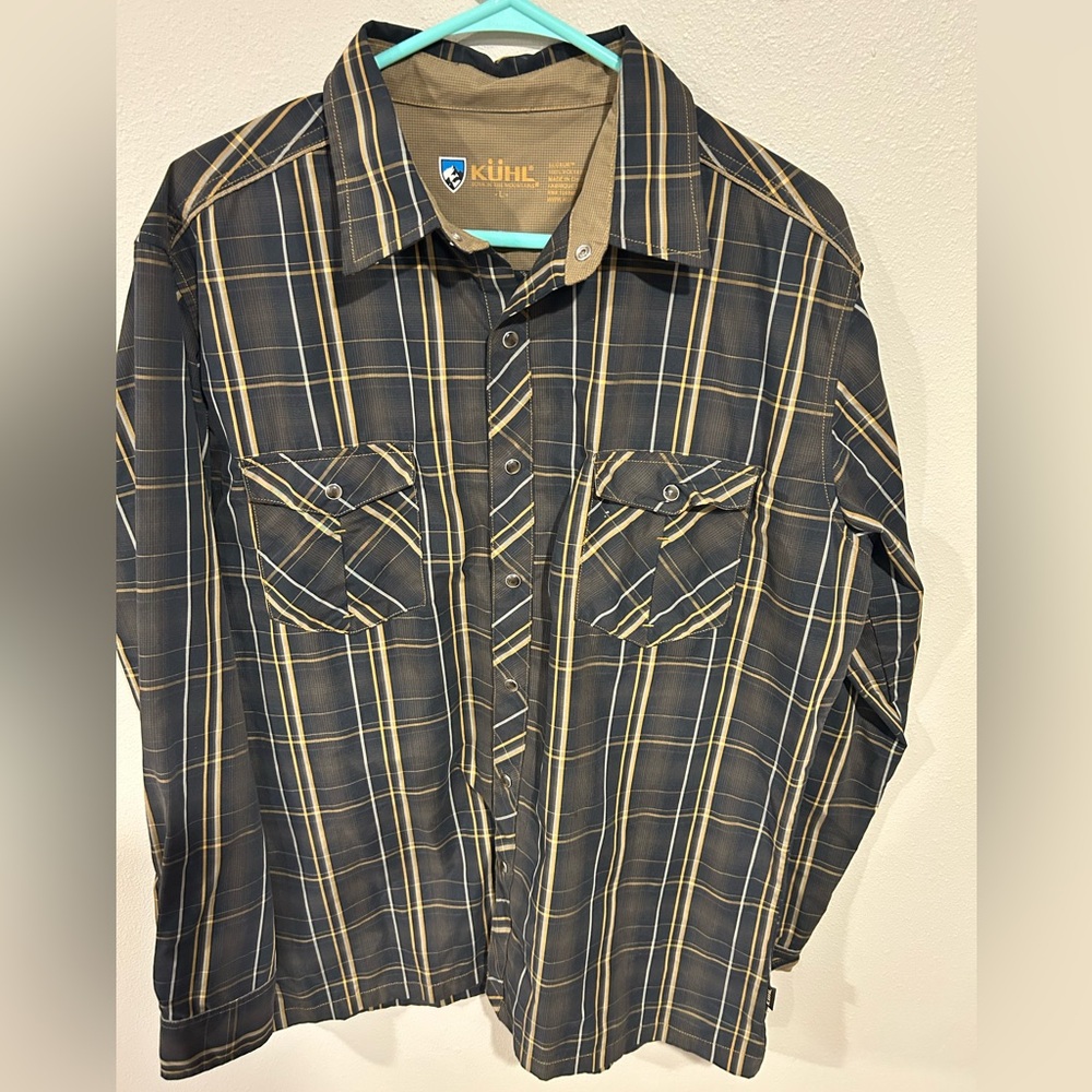 Kuhl Eluxur Pearl Snap Button Shirt Men's L Plaid Brown